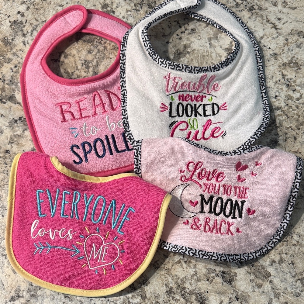 Baby Bib Set - Pink & White Embroidered Bibs, 4-Pack